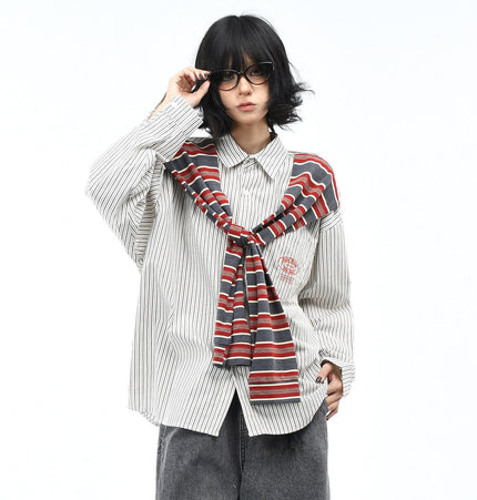 TALKLESSFASHION OV original American vintage striped shawl design long sleeve shirt men's and women's autumn street loose casual shirt trend