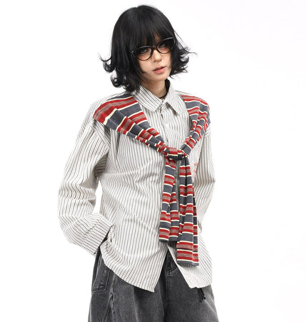 TALKLESSFASHION OV original American vintage striped shawl design long sleeve shirt men's and women's autumn street loose casual shirt trend