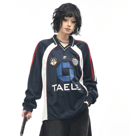 TALKLESSFASHION OV Original American Vintage V-Neck Jersey Printed Long Sleeve T-Shirt Men's and Women's Autumn Loose Raglan Sleeve Couple Top Tide
