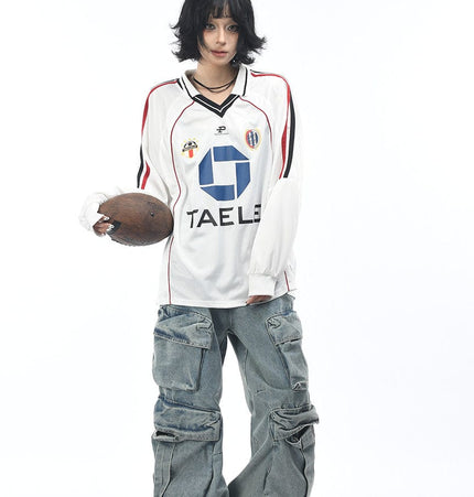 TALKLESSFASHION OV Original American Vintage V-Neck Jersey Printed Long Sleeve T-Shirt Men's and Women's Autumn Loose Raglan Sleeve Couple Top Tide