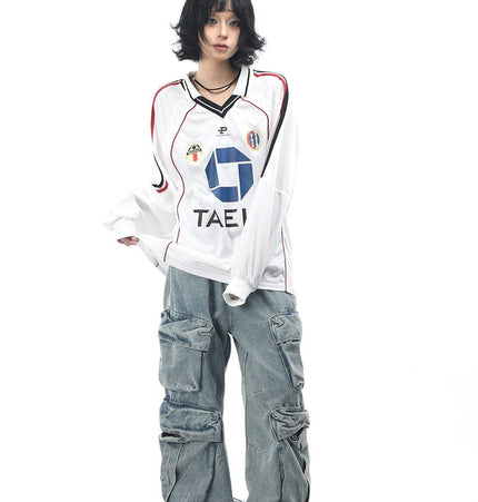 TALKLESSFASHION OV Original American Vintage V-Neck Jersey Printed Long Sleeve T-Shirt Men's and Women's Autumn Loose Raglan Sleeve Couple Top Tide