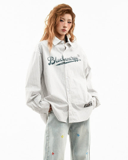 TALKLESSFASHION OV original American vintage vertical stripe letter print long sleeve shirt women's spring loose casual couple shirt men