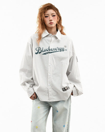 TALKLESSFASHION OV original American vintage vertical stripe letter print long sleeve shirt women's spring loose casual couple shirt men