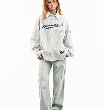 TALKLESSFASHION OV original American vintage vertical stripe letter print long sleeve shirt women's spring loose casual couple shirt men