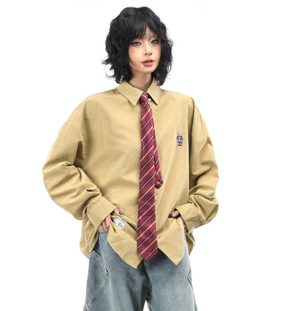 TALKLESSFASHION OV original cartoon bear embroidery collegiate style tie long sleeve shirt women's autumn loose casual versatile shirt men