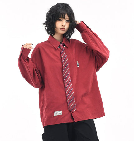 TALKLESSFASHION OV original cartoon bear embroidery collegiate style tie long sleeve shirt women's autumn loose casual versatile shirt men