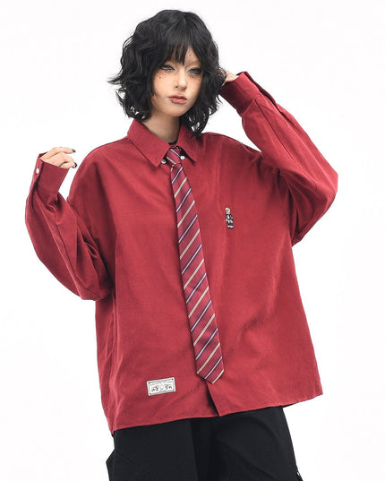 TALKLESSFASHION OV original cartoon bear embroidery collegiate style tie long sleeve shirt women's autumn loose casual versatile shirt men