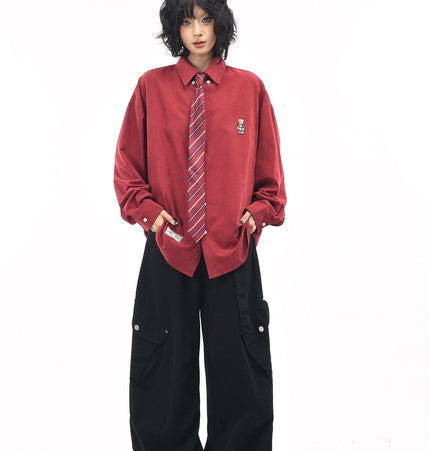 TALKLESSFASHION OV original cartoon bear embroidery collegiate style tie long sleeve shirt women's autumn loose casual versatile shirt men