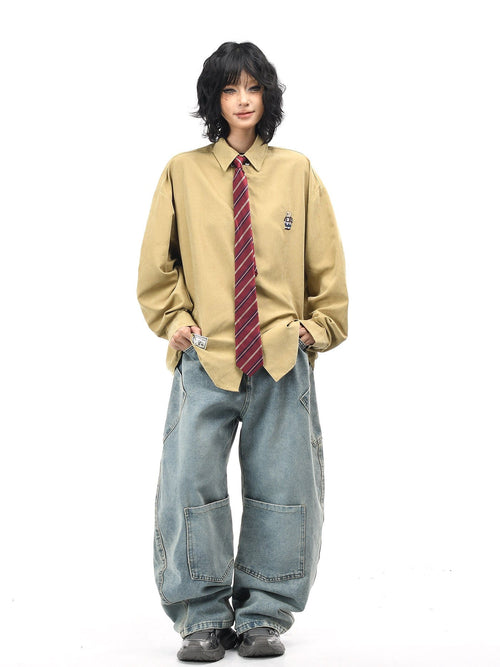 THETLSTUDIO OV original cartoon bear embroidery collegiate style tie long sleeve shirt women's autumn loose casual versatile shirt men