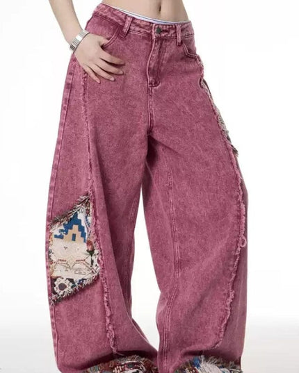 TALKLESSFASHION Pink / L Retro Worn Stitching EdgingJean—5558