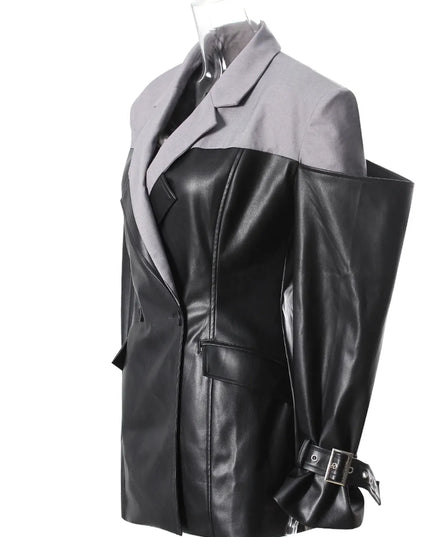 TALKLESSFASHION PU Leather Spliced Blazer Jacket