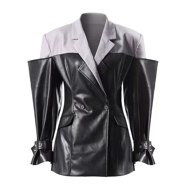 TALKLESSFASHION PU Leather Spliced Blazer Jacket