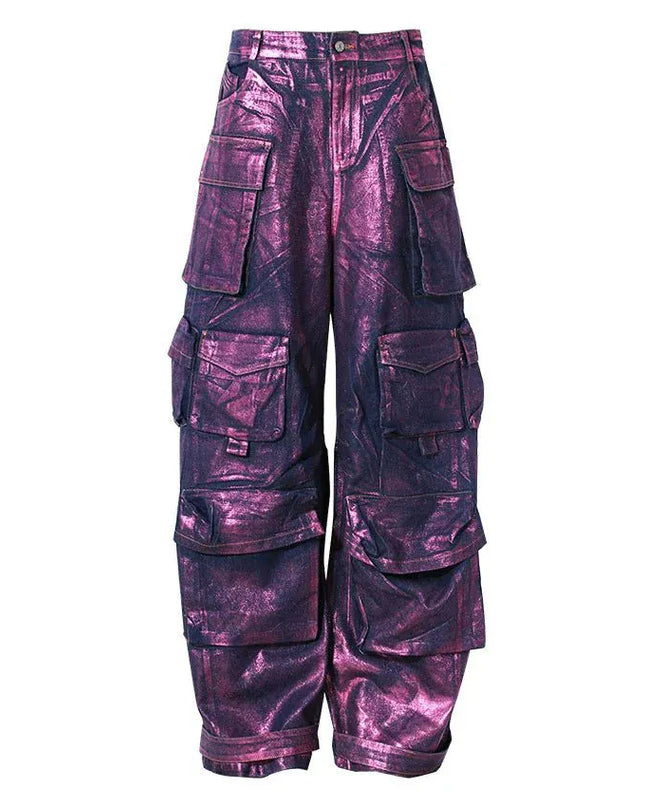 TALKLESSFASHION Purple Bronzing Wide-Leg Cargo Jeans
