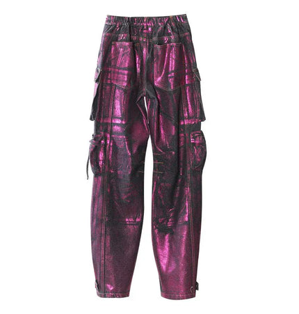 TALKLESSFASHION Purple Bronzing Wide-Leg Cargo Jeans