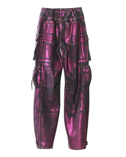 TALKLESSFASHION Purple Bronzing Wide-Leg Cargo Jeans