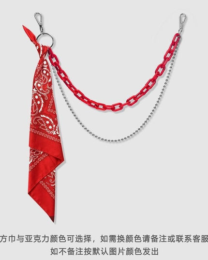 TALKLESSFASHION Red double chain + red square scarf hip hop pants chain accessoriesins
