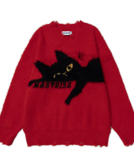 TALKLESSFASHION Red / L Retro Sleeping Cat Sweater—1811