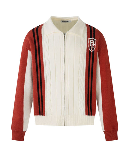 TALKLESSFASHION Red / S Color Contrast Long Sleeve Lapel Zipper Sweater —-7089