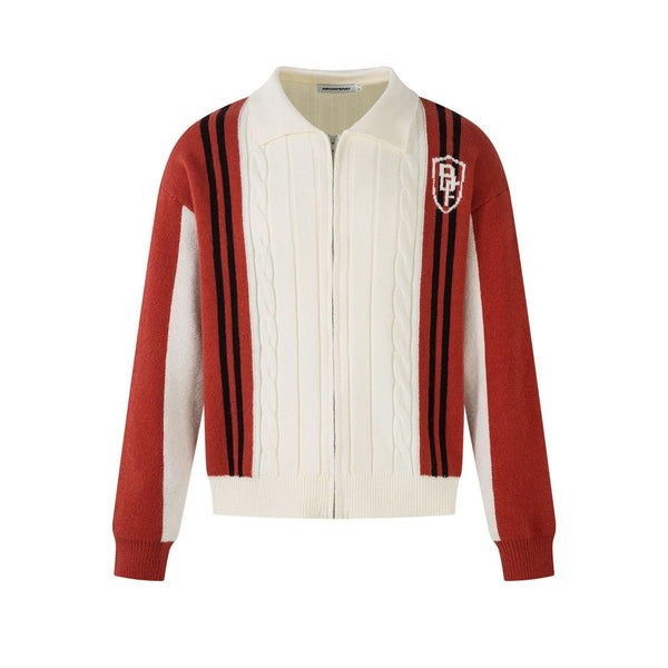 Color Contrast Long Sleeve Lapel Zipper Sweater —-7089