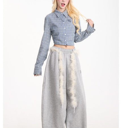 TALKLESSFASHION Retro plush belt sweatpants, women's casual loose wide-legged dancing, lazy wind, mopping the floor, slimming jazz style scimitar pants
