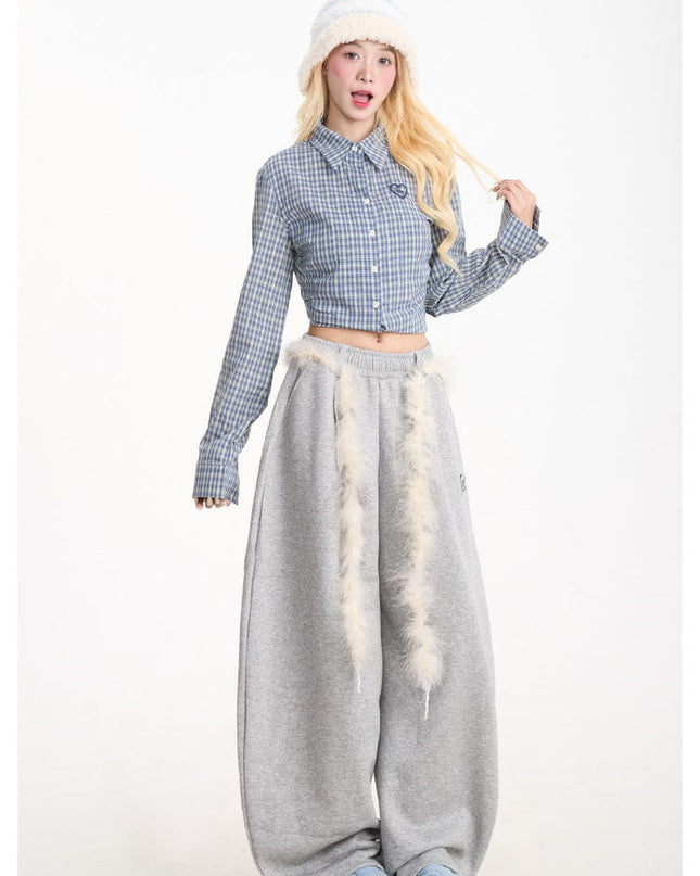 TALKLESSFASHION Retro plush belt sweatpants, women's casual loose wide-legged dancing, lazy wind, mopping the floor, slimming jazz style scimitar pants