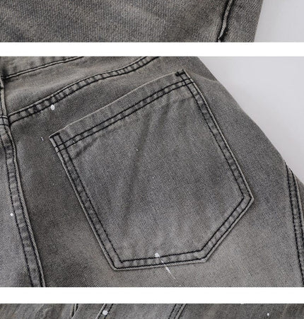 TALKLESSFASHION Retro washed distressed gray ink-splashed cutter jeans, men's and women's trendy brand American street design sense loose pants