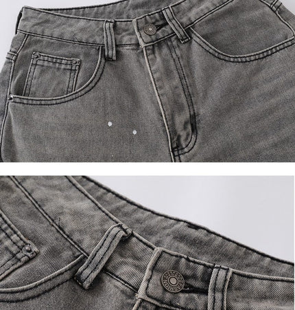 TALKLESSFASHION Retro washed distressed gray ink-splashed cutter jeans, men's and women's trendy brand American street design sense loose pants
