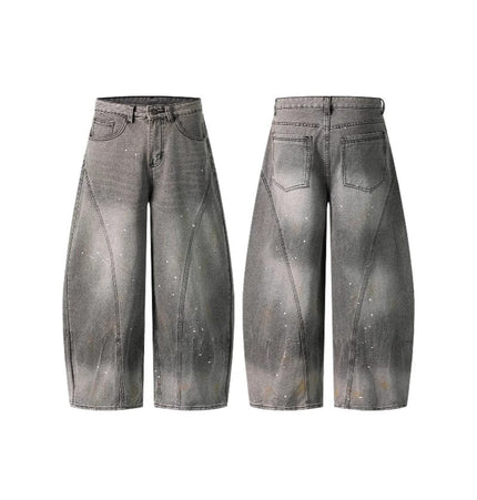 TALKLESSFASHION Retro washed distressed gray ink-splashed cutter jeans, men's and women's trendy brand American street design sense loose pants