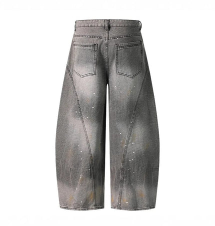 TALKLESSFASHION Retro washed distressed gray ink-splashed cutter jeans, men's and women's trendy brand American street design sense loose pants