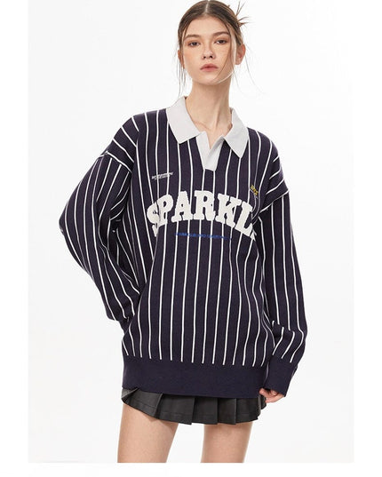 TALKLESSFASHION Royal Blue / S American retro polo collar striped sweater —-7087