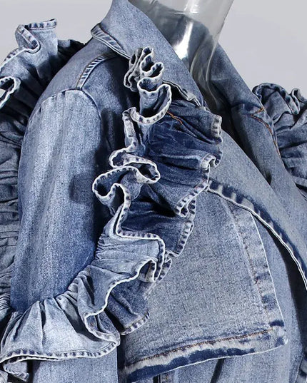 TALKLESSFASHION Ruffled Denim Long Trench Coat