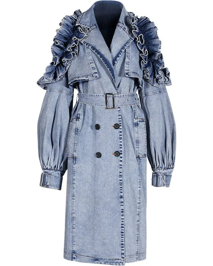 TALKLESSFASHION Ruffled Denim Long Trench Coat