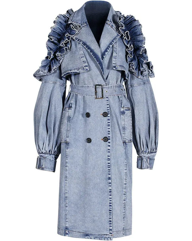 TALKLESSFASHION Ruffled Denim Long Trench Coat