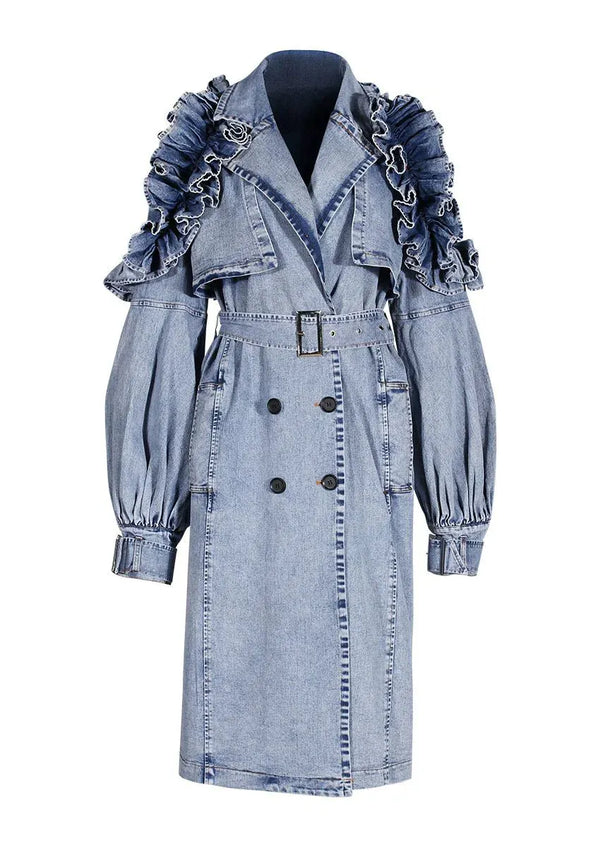 Ruffled Denim Long Trench Coat