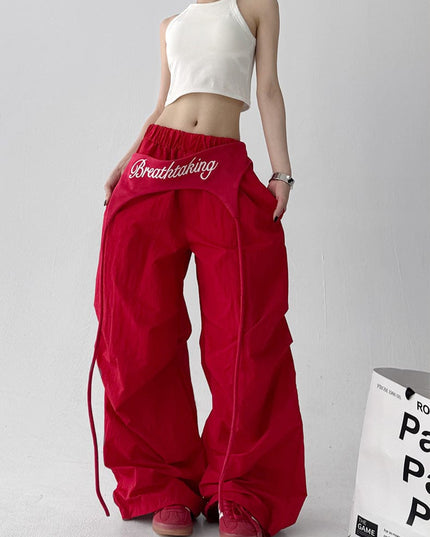 TALKLESSFASHION S / 1268 Slacks - Red American trend wide-leg pants, women's butt curtain layered strap-on design, hip-hop jazz retro casual loose scimitar pants trend