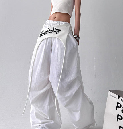 TALKLESSFASHION S / 1268 Slacks - White American trend wide-leg pants, women's butt curtain layered strap-on design, hip-hop jazz retro casual loose scimitar pants trend