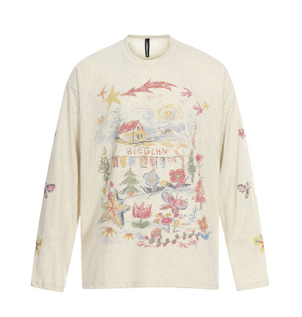 TALKLESSFASHION S / apricot Jiayiku's 2026 spring/summer new printed T-shirt long-sleeved American trendy brand personalized graffiti color sports base shirt