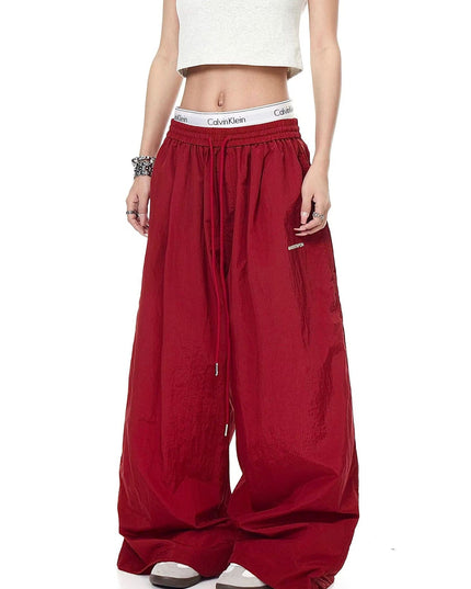 TALKLESSFASHION S / B3079 Slacks - Red Drawstring pleats, quick-drying paratrooper pants, women's summer loose drape, wide-leg pants, hip-hop, American vintage jazz dance, scimitar pants