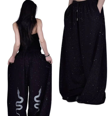 TALKLESSFASHION S / B3089 Slacks American hot diamond sprinkled sparkling snake print glitter pants women's loose street dance jazz jzza casual sports sweatpants