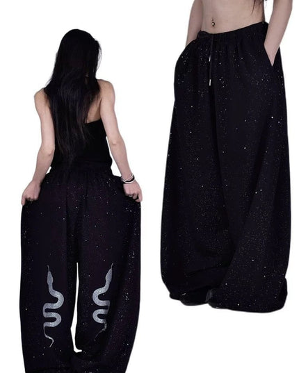 TALKLESSFASHION S / B3089 Slacks American hot diamond sprinkled sparkling snake print glitter pants women's loose street dance jazz jzza casual sports sweatpants
