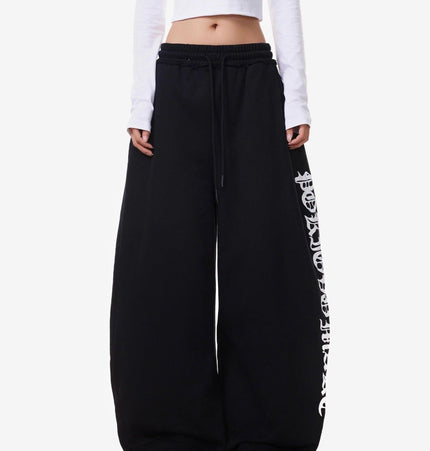 TALKLESSFASHION S / B3108 Slacks - Black Vintage American Letter Print Scimitar Sweatpants Women's Trendy Sports Jazz Dance Street Loose Drape Wide-leg Pants