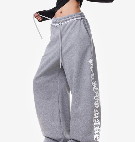 TALKLESSFASHION S / B3108 Slacks - Grey Vintage American Letter Print Scimitar Sweatpants Women's Trendy Sports Jazz Dance Street Loose Drape Wide-leg Pants