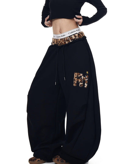 TALKLESSFASHION S / B3112 Slacks - Black Vintage plush leopard print embroidered patch paneled wide-leg sweatpants women's loose casual hip hop jazz dance scimitar pants