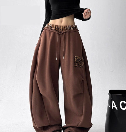 TALKLESSFASHION S / B3112 Slacks - Brown American vintage plush leopard print embroidered spliced wide-leg casual sweatpants Jazz dance sporty loose scimitar pants