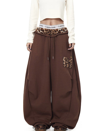 TALKLESSFASHION S / B3112 Slacks - Brown Vintage plush leopard print embroidered patch paneled wide-leg sweatpants women's loose casual hip hop jazz dance scimitar pants