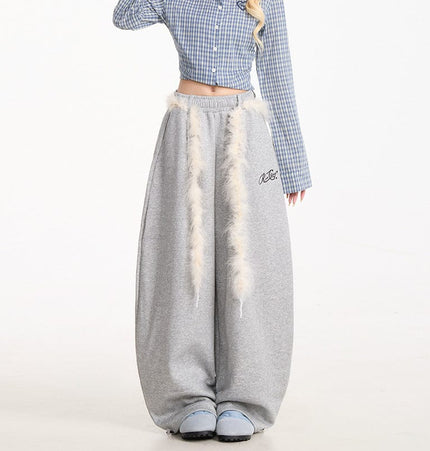 TALKLESSFASHION S / B3123 Slacks - Grey Retro plush belt sweatpants, women's casual loose wide-legged dancing, lazy wind, mopping the floor, slimming jazz style scimitar pants