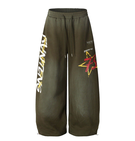 TALKLESSFASHION S / B3137 Slacks - Green European and American vintage graffiti hot girl style star letter print washed gradient sweatpants women's autumn jazz dance scimitar pants