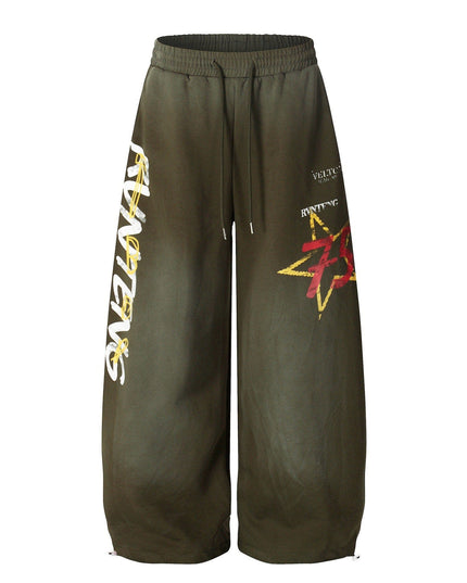 TALKLESSFASHION S / B3137 Slacks - Green European and American vintage graffiti hot girl style star letter print washed gradient sweatpants women's autumn jazz dance scimitar pants