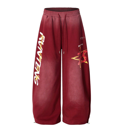 TALKLESSFASHION S / B3137 Slacks - Red European and American vintage graffiti hot girl style star letter print washed gradient sweatpants women's autumn jazz dance scimitar pants