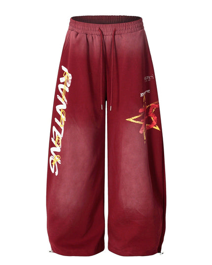 TALKLESSFASHION S / B3137 Slacks - Red European and American vintage graffiti hot girl style star letter print washed gradient sweatpants women's autumn jazz dance scimitar pants